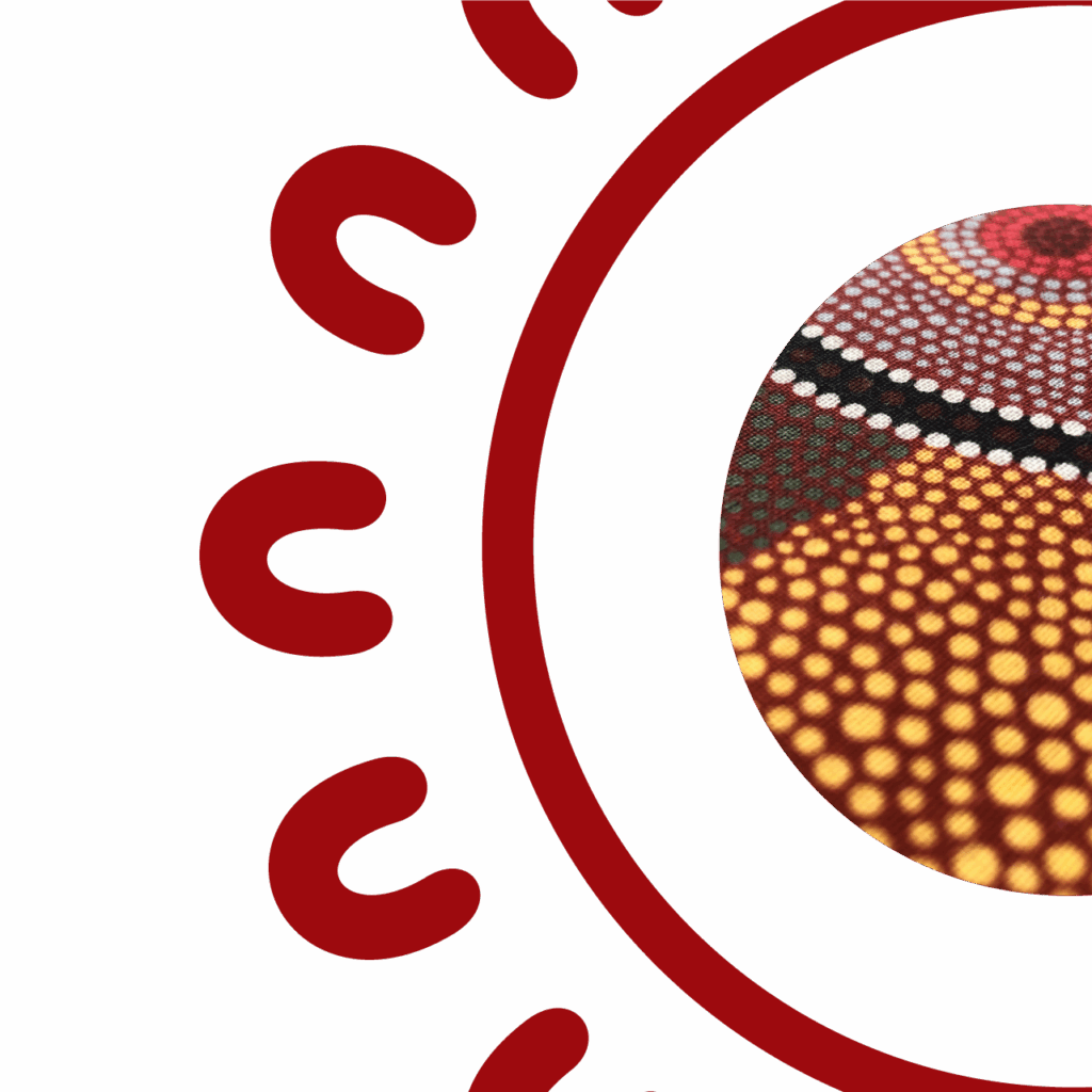 Close-up detail of Aboriginal dot art in warm tones of yellow, orange, red, and green, framed by the SCS Indigenous decorative red circular border featuring repeating U-shaped symbols inspired by Aboriginal art motifs, on a white background.