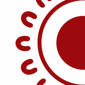 Close-up detail of the SCS Indigenous logo mark, featuring a dark red circular emblem surrounded by repeating U-shaped symbols inspired by Aboriginal art motifs, cropped to show the right portion of the design on a white background.
