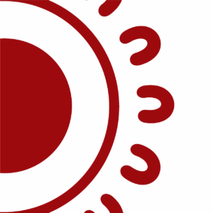 Close-up detail of the SCS Indigenous logo mark, featuring a dark red circular emblem surrounded by repeating U-shaped symbols inspired by Aboriginal art motifs, cropped to show the right portion of the design on a white background.