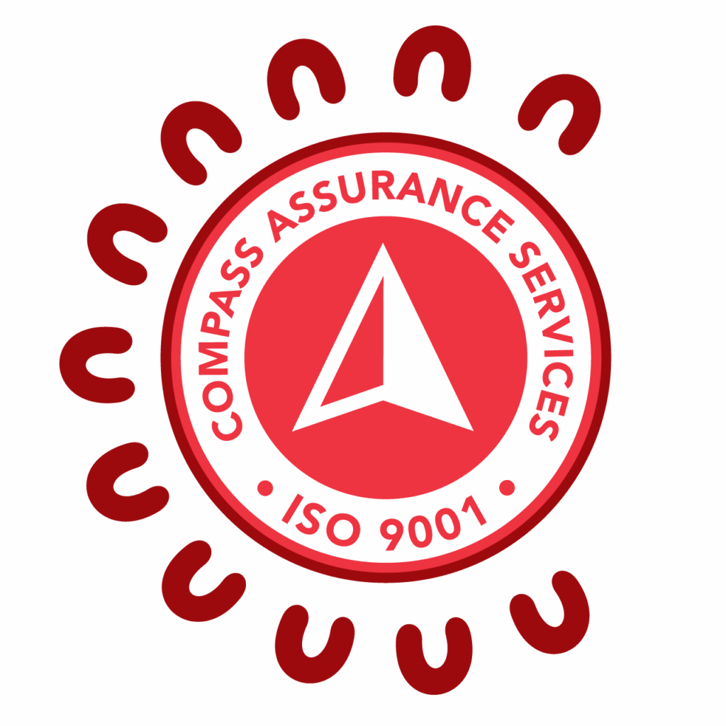 ISO 9001 certification badge for Compass Assurance Services, featuring a white compass icon on a red circle, surrounded by red and white text rings, with a boomerang motif border, on a white background.