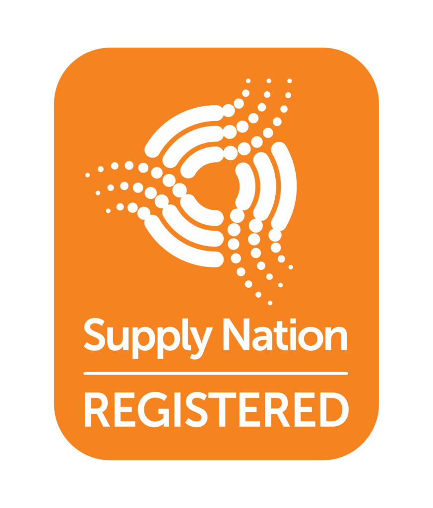 Supply Nation Registered badge featuring a white abstract circular motif with radiating dot trails on an orange rounded rectangle background, with the text "Supply Nation" in white serif lettering above a horizontal rule and "REGISTERED" in bold white uppercase lettering below.