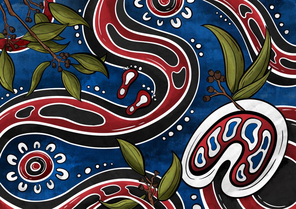 Aboriginal artwork featuring flowing serpentine pathways in red, black, and white set against a deep blue background, with circular dot motifs, U-shaped symbols, and small footprint shapes woven throughout the composition, framed by realistic green eucalyptus branches with seed pods.