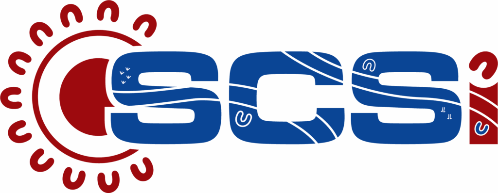 SCSI logo, featuring the letters 'SCSI' in blue with Indigenous-style line and dot patterns, beside a dark red sun and crescent moon design with a boomerang motif border, on a white background