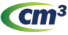 cm3 logo, featuring a green and red swirl design behind the letters 'cm' in dark blue and the number '3' as a superscript, on a dark red background.