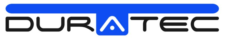 Duratec logo featuring the company name in bold dark grey rounded lettering, with a blue horizontal bar spanning the full width above the text and a blue rectangular accent behind the letter "A", which contains a white triangle with a dot beneath it
