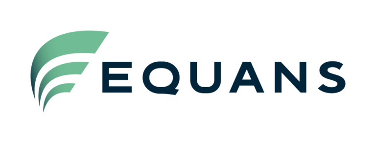 Equans logo featuring a stylised icon of three sweeping curved leaf or wing shapes in gradient green tones, alongside the word "EQUANS" in bold navy blue uppercase sans-serif lettering, on a white background.