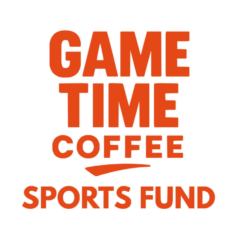 Game Time Coffee Sports Fund logo featuring the words "Game Time" in large, bold orange uppercase lettering, followed by "Coffee" in a slightly smaller bold uppercase font, a curved orange swoosh graphic, and "Sports Fund" in bold orange uppercase lettering beneath, all on a white background.