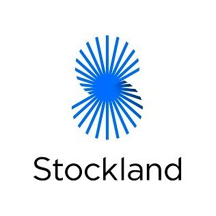 Stockland logo featuring a stylised blue "S" shape formed by radiating lines emanating from two central points, resembling a sunburst or starburst pattern, with the word "Stockland" in dark grey sans-serif type beneath.