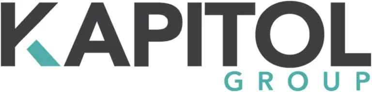 Kapitol Group logo featuring the word "KAPITOL" in large, bold dark grey uppercase lettering with a teal geometric accent replacing the inner angle of the letter "K", and the word "GROUP" in smaller teal uppercase lettering positioned to the lower right, on a white background.